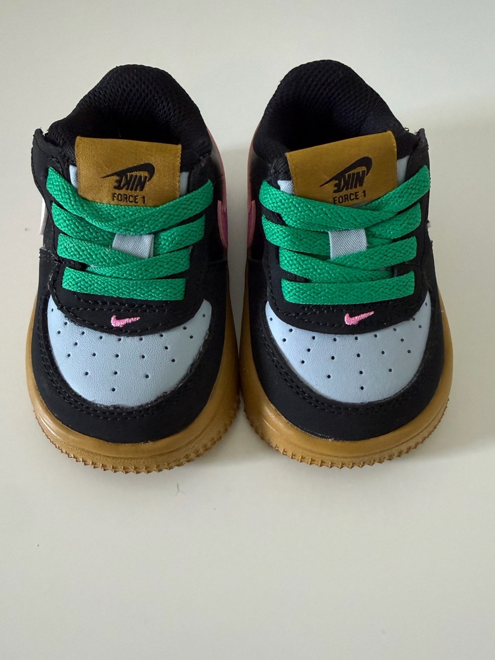Nike Kids Force 1 Sneakers in Black, White, Green, Gold, Pink